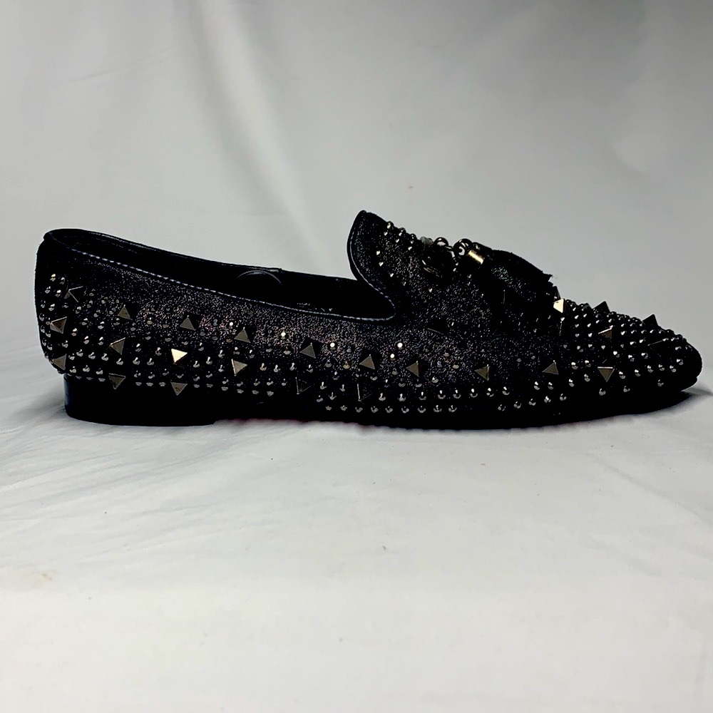 FIESSO Black Leather Loafers With Spike / Rhinestones Studs and Tassels